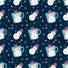 Holiday print. Flat snowman icon, smiling snowman with open arms. Drawing for gift wrapping.