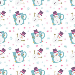 Holiday print. A playful, smiling snowman with outstretched arms. A drawing for gift wrapping.