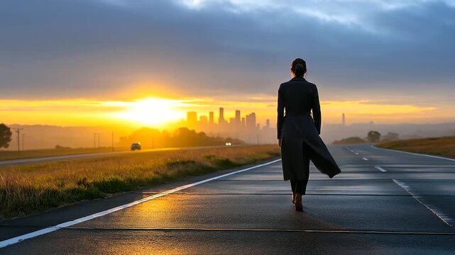 Faceless traveler in formal coat walking toward bright dawn light on a long road, mist and faint city skyline suggesting new beginnings, with copy space.
