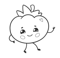Simple black and white line art of a smiling tomato with a heart detail. Great for kids coloring pages, healthy food, or veggie designs.