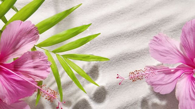 Tropical scene features pink hibiscus flower and palm leaves gliding on water with soft shadows melting in sand, spa concept, motion