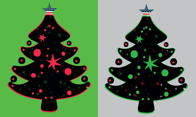 Vector illustration set of Christmas tree decorations and holiday ornaments including star, ball, and gift under snow and pine for winter celebration