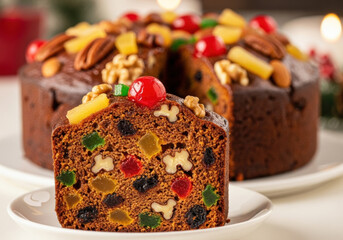 Delicious fruitcake with colorful candied fruit and nuts, perfect for the holidays