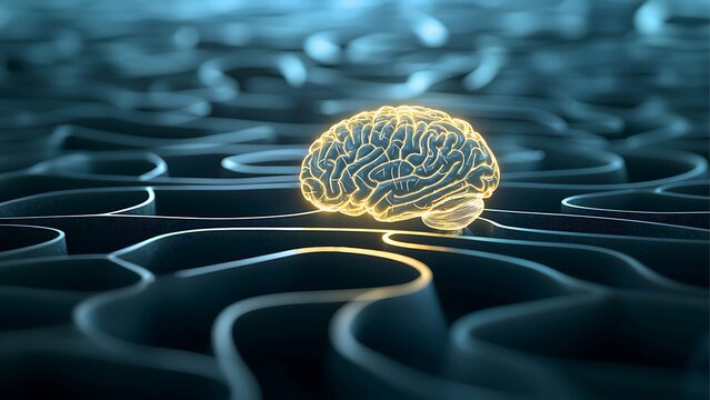 A bright brain in a maze, symbolizing the complexities of thought and the challenges of the mind. The brain is the focal point, illuminated with a warm glow. - Powered by Adobe