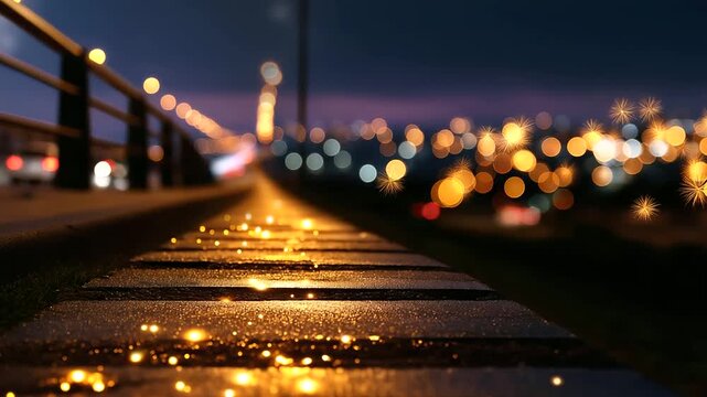 Shallow depth of field on footsteps along the highway, defocused golden fireworks illuminating horizon ahead, with copy space.