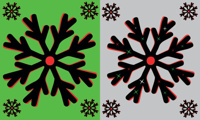 Red and green Christmas snowflake ornaments with a vibrant floral vector pattern, leaf elements, and a swirling star design