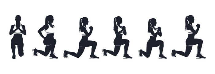 Naklejka premium Lunge exercise silhouette, fitness movement, workout pose, black figure, athletic action, body training, leg strength, gym icon, health illustration, form guide