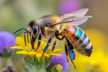 A honeybee with rainbow reflections in its wings