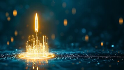 A futuristic depiction of a rocket launch with a technological background. The rocket is represented by glowing lights, and a digital circuit pattern is visible