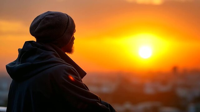 Faceless person silhouetted against sunrise, warm tones of orange and gold suggesting optimism and hope, shallow focus background, with copy space.