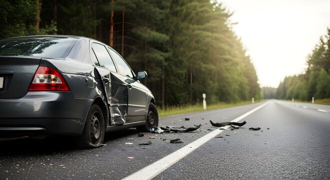 Car accident on road with damage to vehicle on the asphalt after vehicle collision