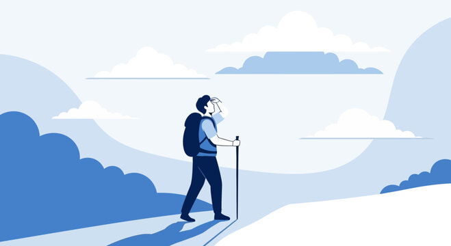 Silhouette Hiker On Snowy Trail With Backpack And Hiking Stick, Sky And Mountains