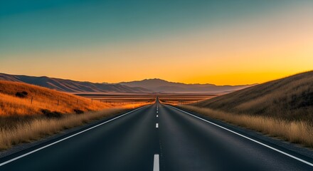 Fototapeta premium Endless Road Trip Serene Asphalt Journey into the Horizon at Dusk