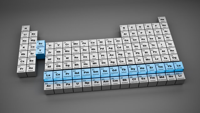 Rare earth elements in the periodic table of elements in French language with atomic number, symbol and name of all elements. Tableau p&eacute;riodique des &eacute;l&eacute;ments, terres rares