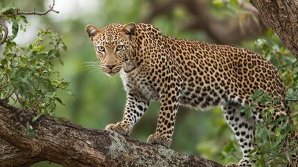 Fototapeta premium A beautiful leopard stands confidently on a tree branch surrounded by vibrant greenery.
