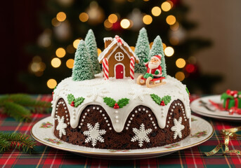 Festive Christmas cake with gingerbread house and Santa Claus decoration