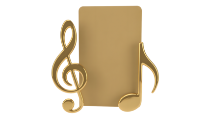 Golden treble clef and eighth note with blank card isolated on transparent background