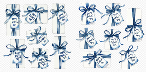 Watercolor illustration of white gift boxes with blue ribbons and 'Happy Father's Day' tags, perfect for paternal celebrations and greetings.