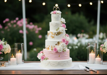 Elegant wedding cake with floral decorations and gold accents