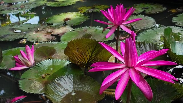 Vibrant red lotus flowers bloom gracefully on serene pond, creating stunning natural beauty, perfect for peaceful landscapes and nature videos, close up