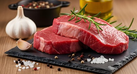 Fresh Beef Steaks on Slate Board with Seasoning, Ready for Cooking and Delicious Meal