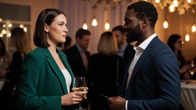 Business networking event with colleagues exchanging cards indoors