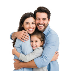 A happy young family with parents embracing their daughter with love and joy isolated on transparent background