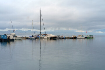 Fototapeta premium Yachts on parking lot on Lake Geneva