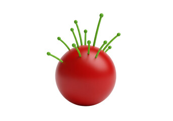Unique Red Sphere with Green Spikes on White Background.