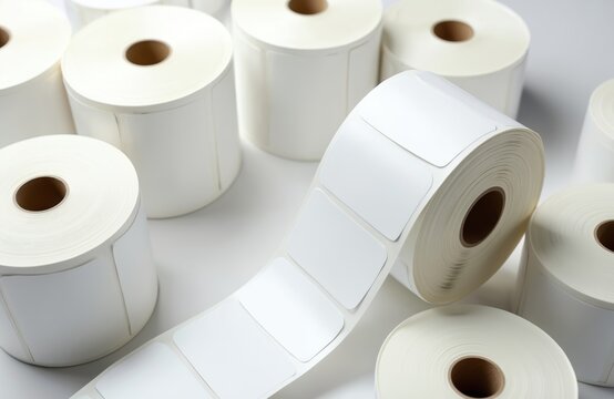 Close up photo of white label rolls. Rolls of sticker labels for product packaging. Blank labels isolated on white background. Adhesive stickers for price tags and barcode printing.