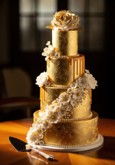 Elegant golden wedding cake with floral decorations on a wooden table