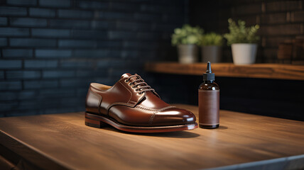 Polished brown leather dress shoe with shoe care product displayed on a wooden surface showcasing footwear maintenance