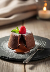 Delicious chocolate lava cake with raspberry and mint on a slate plate