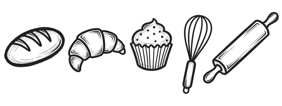 Black and white vector icons of bakery items including bread, croissant, cupcake, whisk, and rolling pin arranged in a row.
