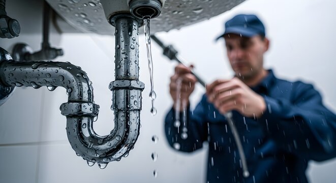 Plumbing Emergency Plumber Repairing Leaking Pipes Under Sink, Fixing Water Damage - Powered by Adobe