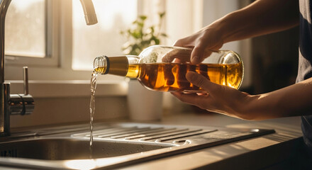 A person pours alcohol from a bottle into a kitchen sink. The scene highlights themes of alcoholism and abstaining from alcohol.