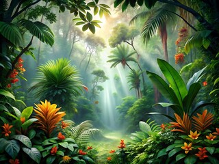 Naklejka premium Lush tropical rainforest scene with vibrant green foliage and sunbeams filtering through the canopy