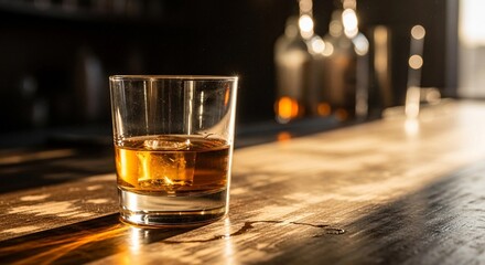 A glass of whiskey sits on a wooden bar top. The background features blurred bottles of alcohol. The scene conveys themes of alcoholism and recovery.