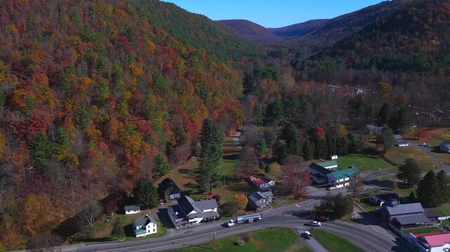 Peaceful small mountain town, Morris, PA in Autumn Fall Colors with houses and homes in rural community in Pennsylvania