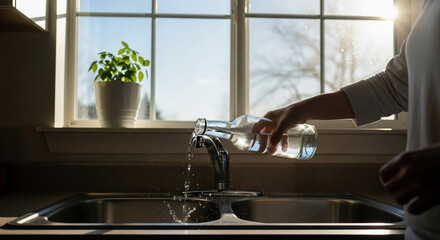 A hand pours alcohol from a glass bottle into a kitchen sink. Sunlight streams through a window, illuminating a small green plant nearby. The scene symbolizes recovery and abstaining from alcohol.