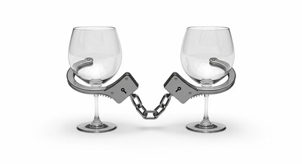 Two empty wine glasses connected by handcuffs symbolize the struggle with alcoholism and the journey of abstaining from alcohol.