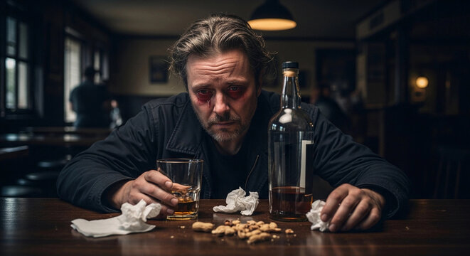 A middle-aged Caucasian man with disheveled hair sits at a bar table. He looks distressed, holding a glass of whiskey. Empty bottles and crumpled tissues are scattered around.