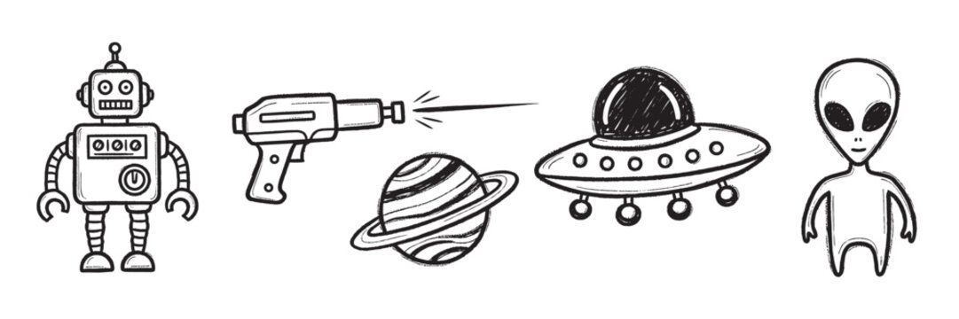 Hand-drawn black and white doodles of a robot, laser gun, planet, ufo, and alien, depicting a science fiction theme.