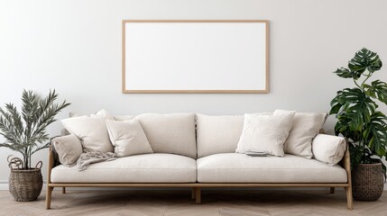 Fototapeta premium A spacious living room features a neutral colored sofa adorned with soft pillows and decorative plants.