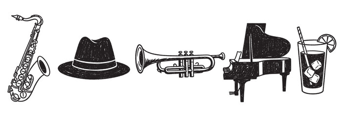 Black outline drawings of a saxophone, fedora hat, trumpet, grand piano, and cocktail with a straw and lemon slice, representing jazz elements.