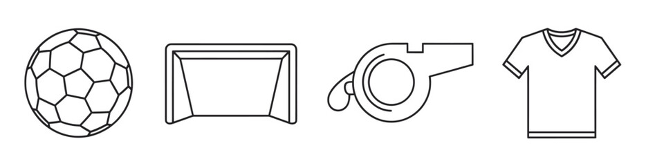 Fototapeta premium Black outline vector icons of a soccer ball, a goal net, a referee whistle, and a jersey. minimal linear illustrations for sports and football concepts.