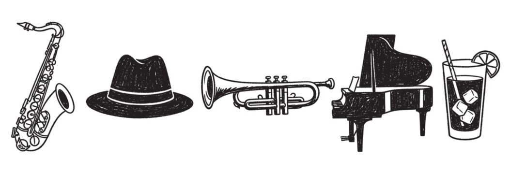 Black outline drawings of a saxophone, fedora hat, trumpet, grand piano, and cocktail with a straw and lemon slice, representing jazz elements.