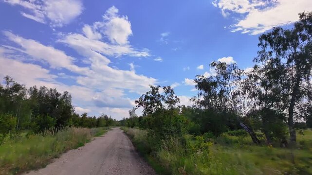 Idyllic scene of offroad adventure along tranquil dirt path amidst serene forest under bright, open sky dotted with gentle white clouds, Europe