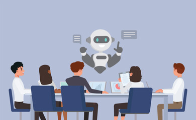 Innovation and Technology in Business concept. Office workers using AI, robots, or digital tools to improve business efficiency flat character vector illustration design.