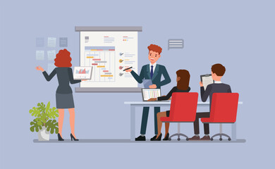 Fototapeta premium Project Management and Planning concept. Business people showing chart and task list to team flat character vector illustration design.